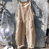 Vintage striped blue and white dungarees in a retro jumpsuit overall design, featuring a yellow color variant in size 3XL, displayed on a wooden tripod.