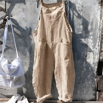 Vintage striped blue and white dungarees in a retro jumpsuit overall design, featuring a yellow color variant in size 3XL, displayed on a wooden tripod.