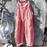 Vintage striped blue and white dungarees with a retro jumpsuit overall design, showcased in a red color variant, size 3XL.