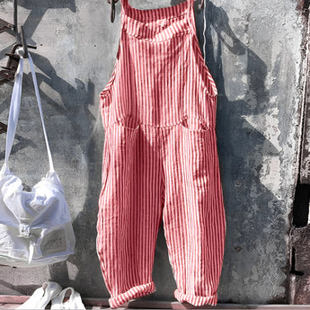 Vintage striped blue and white dungarees with a retro jumpsuit overall design, showcased in a red color variant, size 3XL.