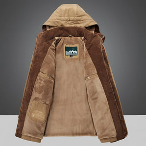 Vintage waxed canvas hooded jacket featuring a retro durable fall parka design, showcasing a beige khaki color with long sleeves, a collar, and multiple pockets for a fashionable and functional look.