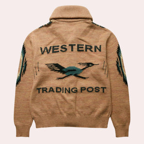 Vintage Western sweater featuring a southwestern print with bird embroidery, grey color, long sleeves, and a collar.