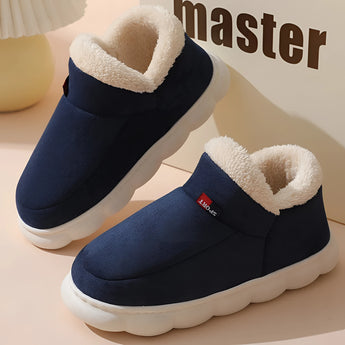 Marine blue fleece-lined winter slippers for women with a plush collar, designed for warmth and comfort.