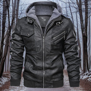 Warm Leather Jacket with Hood