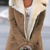 Warm women's khaki Sherpa-lined winter jacket in 4XL size, featuring a thermal design with a beige color, long sleeves, and a cozy collar.