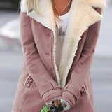 Warm women's sherpa-lined gray winter jacket in a rose color, shown in a 4XL size. The jacket features fashionable design elements with visible sleeves and a neckline, highlighting its thermal properties with a soft sherpa lining.
