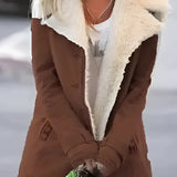 Warm brown women's Sherpa-lined winter jacket in size 4XL, featuring long sleeves, a high neck, and a cozy, thermal design.