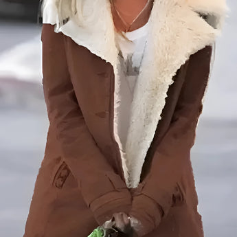 Warm brown women's Sherpa-lined winter jacket in size 4XL, featuring long sleeves, a high neck, and a cozy, thermal design.