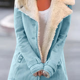 Warm women's sherpa-lined gray winter jacket with a cozy collar and full-length sleeves, designed for trendy style and thermal insulation.