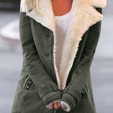 
A warm women's sherpa-lined winter jacket in gray color, featuring a trendy design with a cozy collar, long sleeves, and tailored waist, shown in a large size (4XL) against a neutral background.