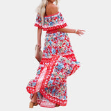 Elegant red floral silk maxi dress with watercolor design, featuring a sleeveless shoulder cut, fitted waistline, and flowing skirt, ideal for spring and summer formal occasions.