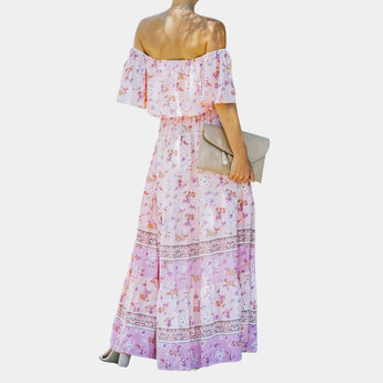 Elegant watercolor floral silk maxi dress in pastel hues, featuring a rose pink design. The dress is a one-piece garment with a flowing silhouette, designed for spring and summer occasions. It has a flattering waistline, stylish sleeves and a graceful neckline, enhancing the overall feminine and fashionable aesthetic. Suitable for day wear, the dress combines creative artistry with a sophisticated pattern, available in size XL.