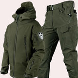 Light green waterproof hooded tactical jacket paired with matching cargo pants in a 4XL size, featuring a durable outdoor design with military-style camouflage pattern and functional collar and sleeves.