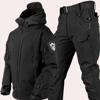 Waterproof black hooded tactical jacket and cargo pants set in size 4XL, designed for durability and outdoor activities. The jacket features long sleeves and a protective collar, while the pants provide ample storage with multiple pockets. Suitable for workwear and personal protective activities.