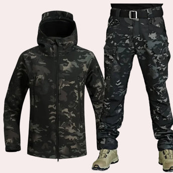 Waterproof hooded tactical jacket and cargo pants set in camouflage pattern, featuring durable material and designed for outdoor activities. The jacket includes a high collar and long sleeves, suitable for workwear and fashion purposes.