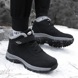 Black waterproof insulated winter hiking boots with a fur lining, designed for outdoor walking and sporting activities. The boots combine style and functionality, suitable for cold weather conditions.