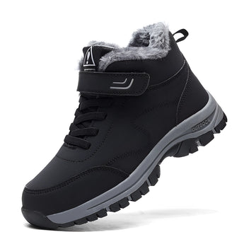 Waterproof insulated fur-lined winter hiking boots in grey, designed for outdoor activities and providing warmth and protection in cold weather conditions.