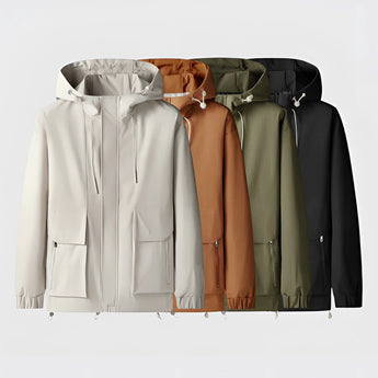 Men's black waterproof jacket featuring a high collar, long sleeves, and a sleek design suited for both formal and casual occasions.