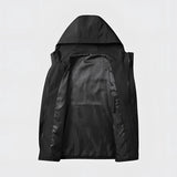 Waterproof lightweight men's black jacket featuring long sleeves, a sleek design, and practical pockets. The breathable and durable fabric makes it ideal for outdoor activities.