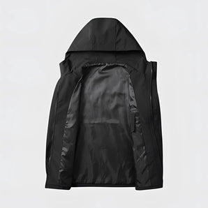 Waterproof lightweight men's black jacket featuring long sleeves, a sleek design, and practical pockets. The breathable and durable fabric makes it ideal for outdoor activities.