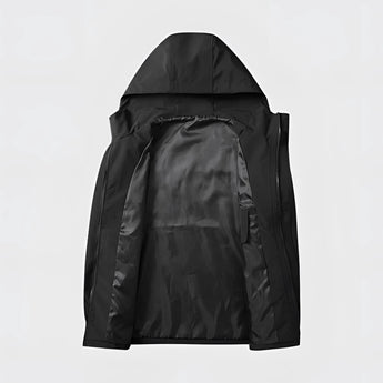 Waterproof lightweight men's black jacket featuring long sleeves, a sleek design, and practical pockets. The breathable and durable fabric makes it ideal for outdoor activities.