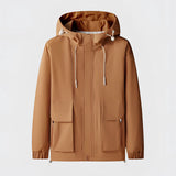 Men's black waterproof lightweight jacket with a high collar and long sleeves, featuring a sleek design and button closure, shown in an XL size with orange accents.