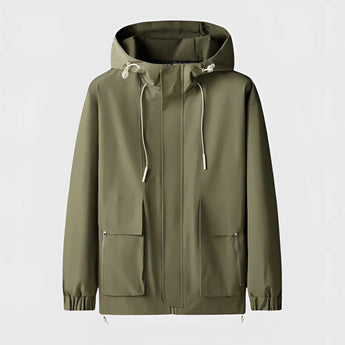 Men's green waterproof lightweight jacket in XL size featuring long sleeves, a collar, and a button closure.