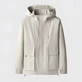Men's black waterproof jacket featuring a breathable and durable design, with a sleek collar and full-length sleeves, crafted from high-quality materials, available in white XL variant.