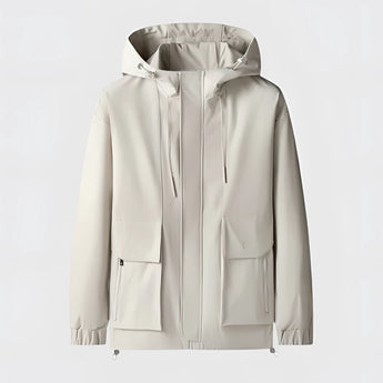 Men's black waterproof jacket featuring a breathable and durable design, with a sleek collar and full-length sleeves, crafted from high-quality materials, available in white XL variant.