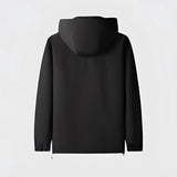 Men's black waterproof lightweight jacket with a high collar and long sleeves, designed for breathability and durability.