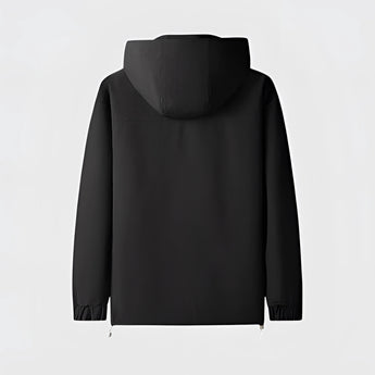 Men's black waterproof lightweight jacket with a high collar and long sleeves, designed for breathability and durability.