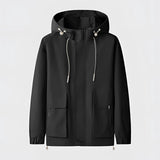 Men's black waterproof lightweight jacket with a durable and breathable design, featuring a collar and long sleeves, size XL.