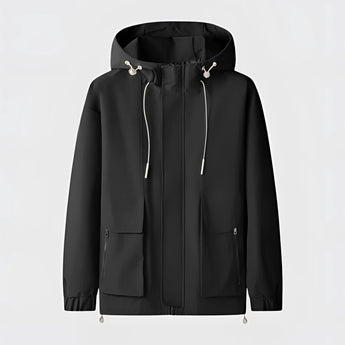 Men's black waterproof lightweight jacket with a durable and breathable design, featuring a collar and long sleeves, size XL.