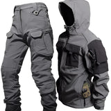 Gray waterproof military tactical jacket and pants set featuring long sleeves, cargo pants, and a protective collar, designed for outdoor activities and workwear.