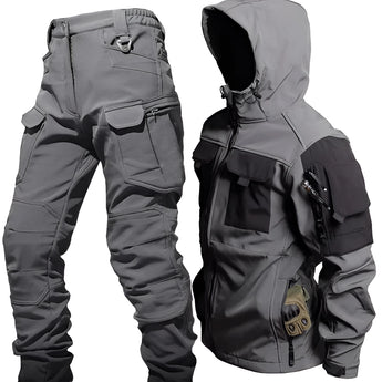 Gray waterproof military tactical jacket and pants set featuring long sleeves, cargo pants, and a protective collar, designed for outdoor activities and workwear.