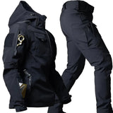 Waterproof military tactical jacket and pants set in black, size 3XL, featuring a long sleeve design with a protective collar, suitable for outdoor activities and workwear.