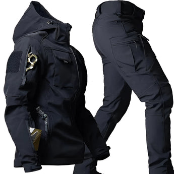 Waterproof military tactical jacket and pants set in black, size 3XL, featuring a long sleeve design with a protective collar, suitable for outdoor activities and workwear.