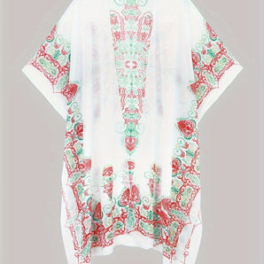 White Boho Kimono with Embroidered Floral Design, Featuring Loose Sleeves and Open Front, Ideal for Summer Beachwear.