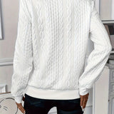 White cable knit zip-up sweater for women styled as an autumn pullover, featuring a cozy design with long sleeves, a high neck, and a soft textured knit pattern. The sweater is paired with black trousers, showcasing a casual yet chic look suitable for cooler weather.