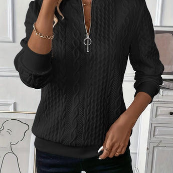White cable knit zip-up sweater for women in Nero color, featuring long sleeves, a high neck, and a stylish design, suitable for autumn wear in size XXL.