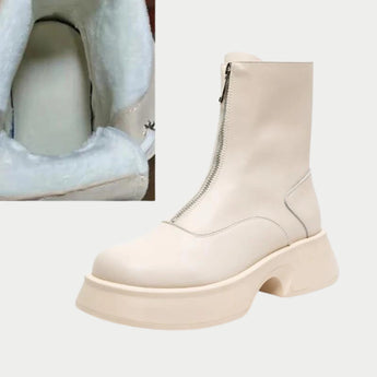 White chunky platform ankle boots for women featuring a zipper, designed for fashion and comfort, made from composite materials with a beige hue.