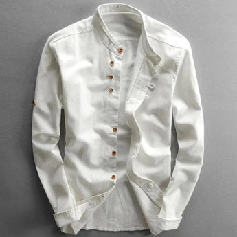 White cotton crew neck shirt with wooden buttons, featuring a lightweight and breathable design, shown in size 6XL.