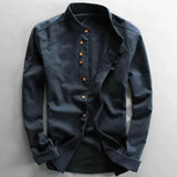 Dark blue 6XL white cotton crew neck shirt featuring lightweight and breathable fabric with wooden buttons, displayed on a hanger with focus on the button detail and sleeve design.