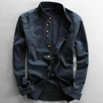 Dark blue 6XL white cotton crew neck shirt featuring lightweight and breathable fabric with wooden buttons, displayed on a hanger with focus on the button detail and sleeve design.