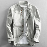 Gray 6XL white cotton crew neck shirt featuring wooden buttons, lightweight and breathable with a classic neck, long sleeves, and stylish design.