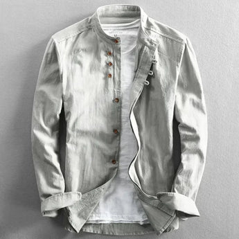 Gray 6XL white cotton crew neck shirt featuring wooden buttons, lightweight and breathable with a classic neck, long sleeves, and stylish design.