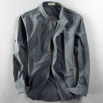 Dark gray 6XL cotton crew neck shirt with wooden buttons, featuring long sleeves and a casual, lightweight design.