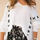 White cross-stitch V-neck sweater featuring a bow-knot design, long sleeves, and a fashionable fit tailored for women, size XL.