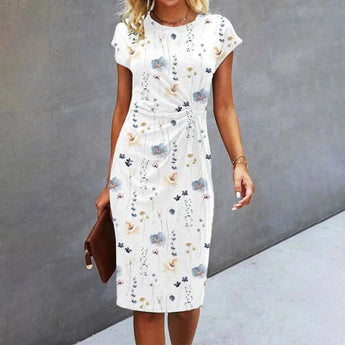 White floral knee-length pencil dress featuring a sheath silhouette, suitable for summer office wear, in size 2XL.