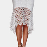 White floral lace V-neck bohemian style summer dress displayed on a mannequin, highlighting the intricate lace details, V-neckline, and relaxed silhouette suitable for warm weather.